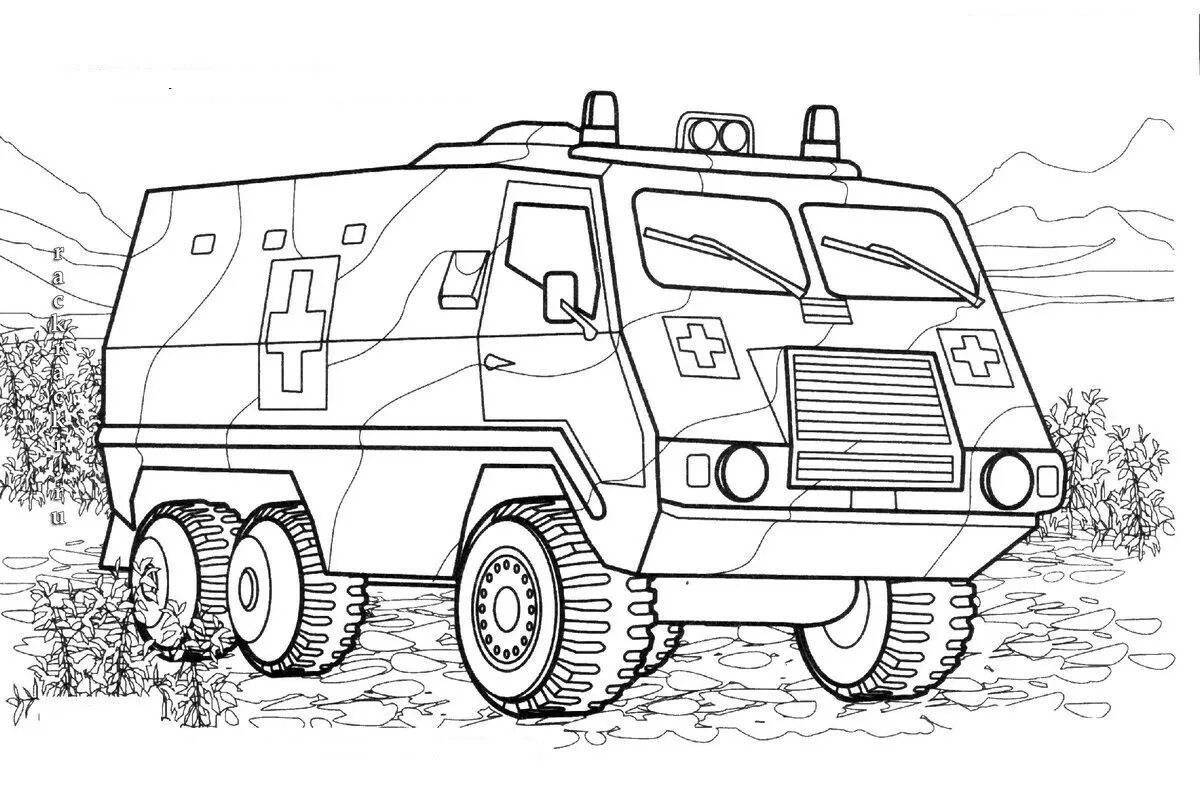 Оживленная страница раскраски военного грузовика для детей