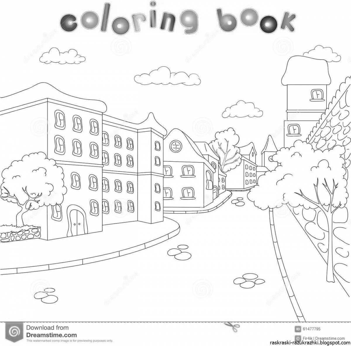 Bright city street coloring pages for kids