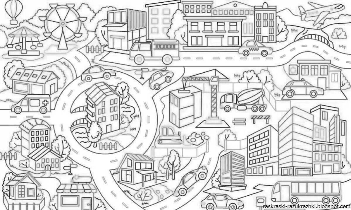 Dynamic city street coloring pages for kids