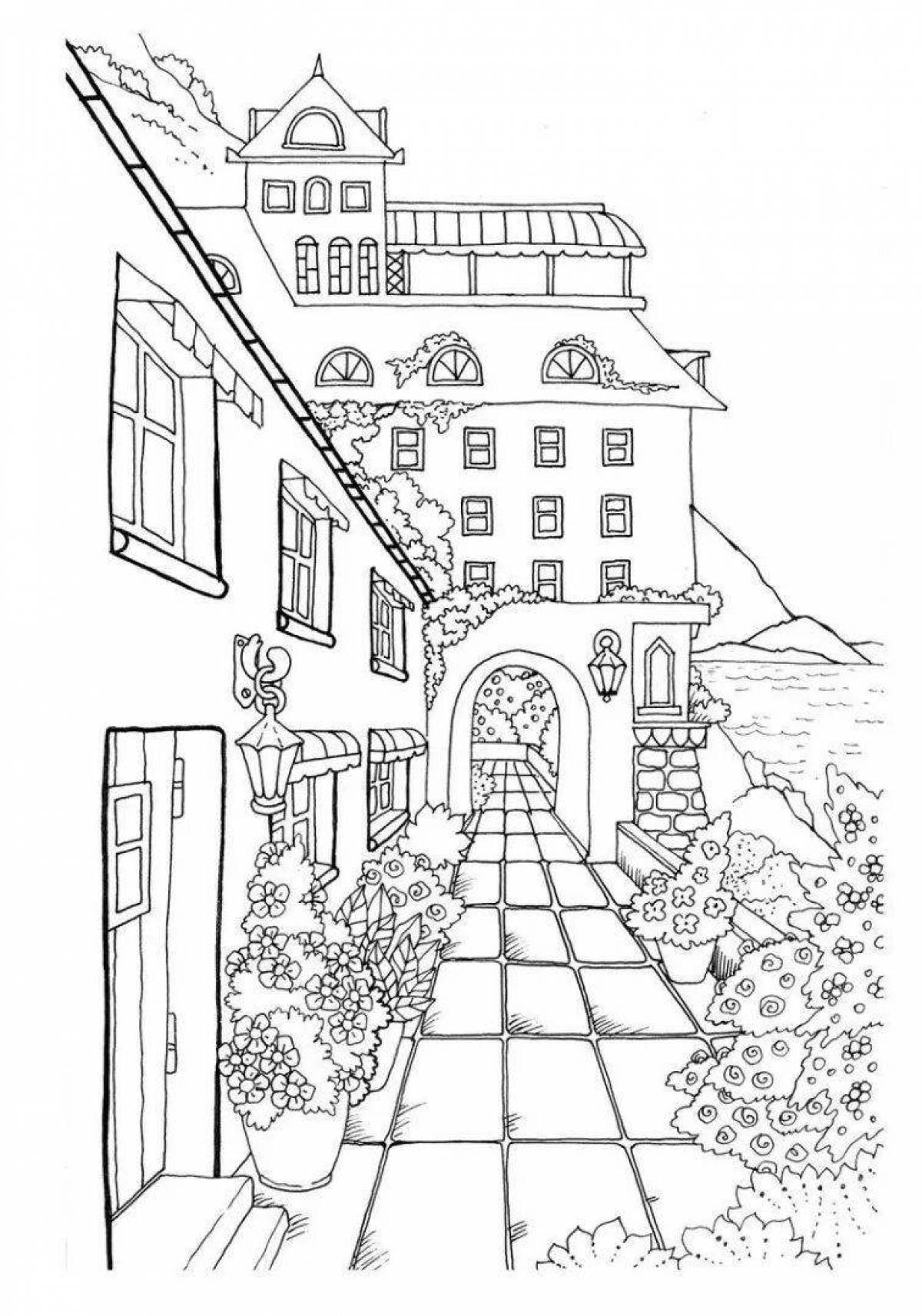 Coloring page joyful city street for kids