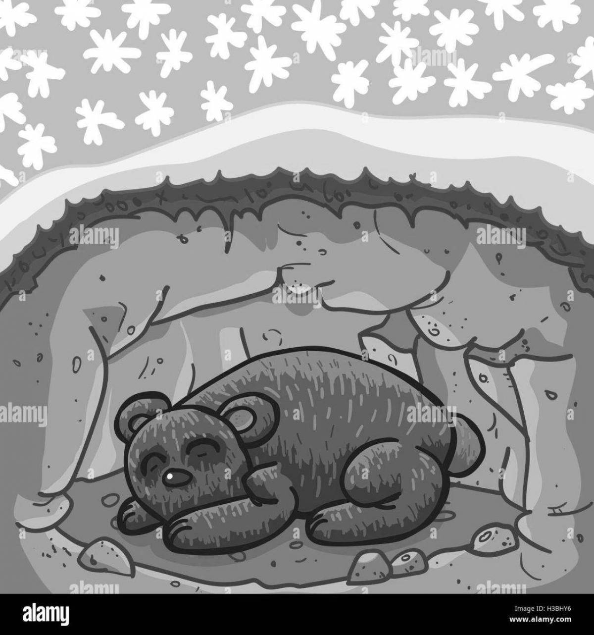 Joyful coloring bear in a den in winter