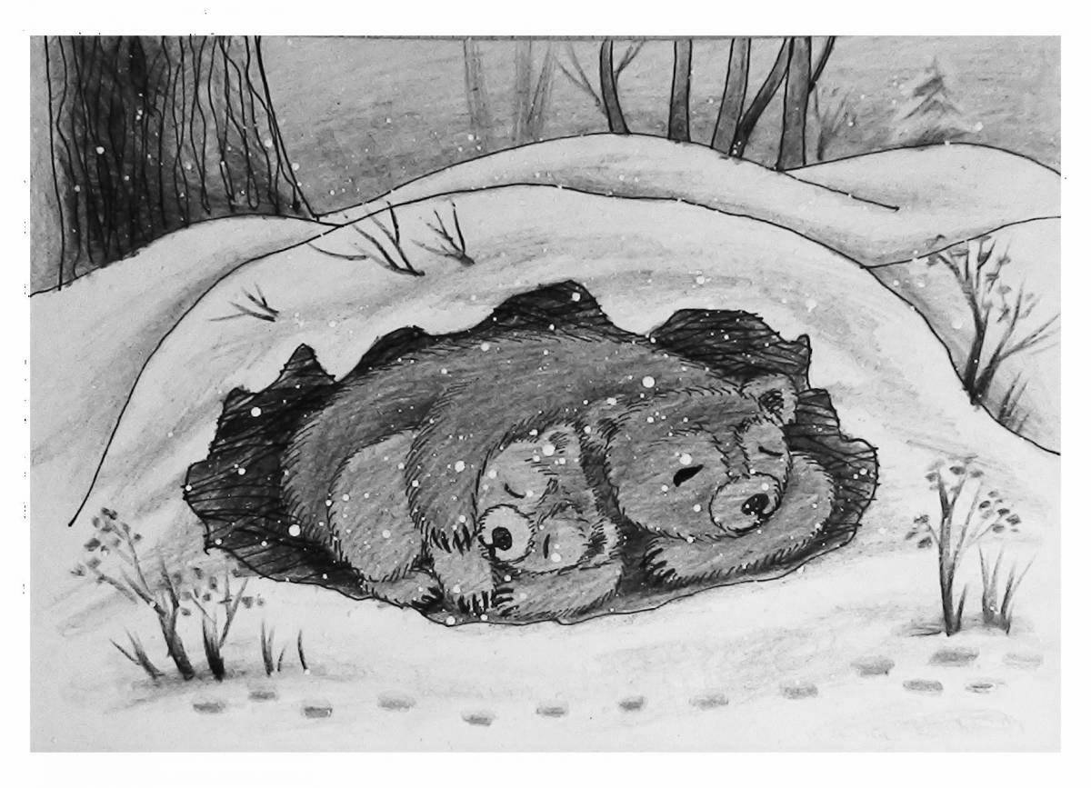 Cute bear coloring in the den in winter