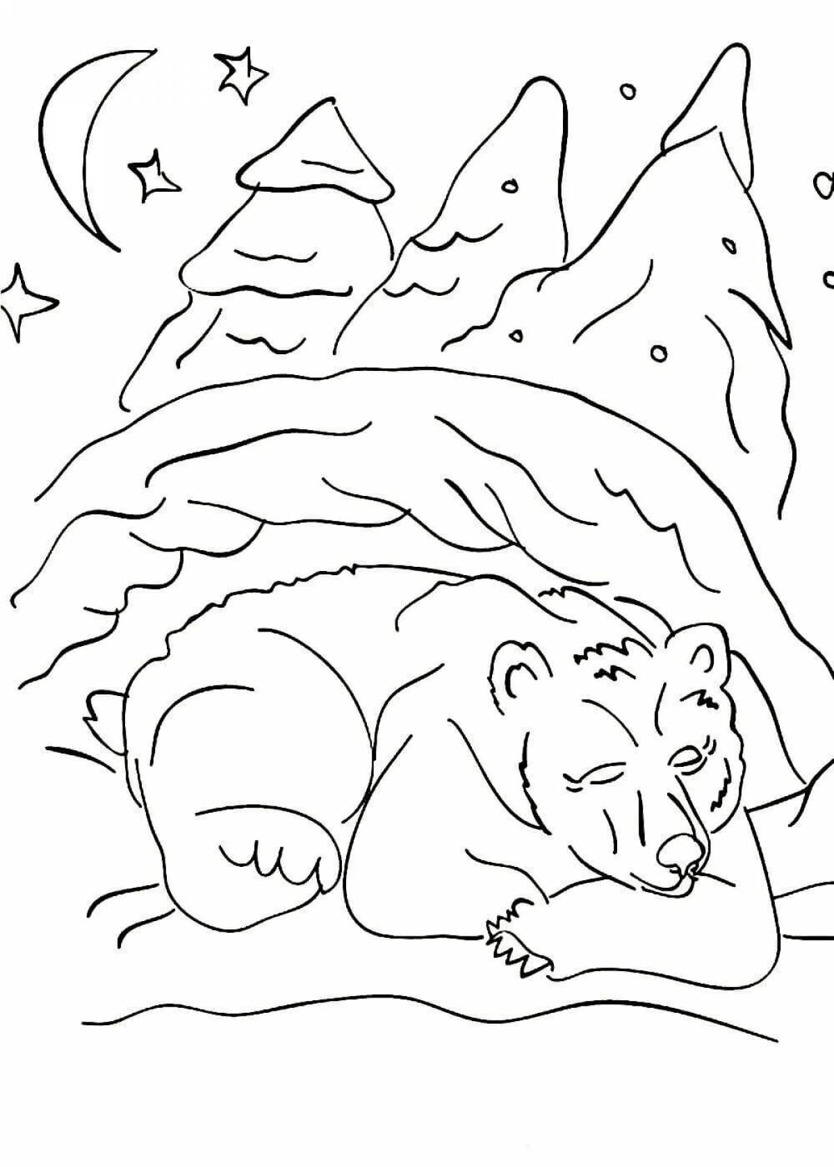 Медведь-раскраска snoozy в берлоге зимой