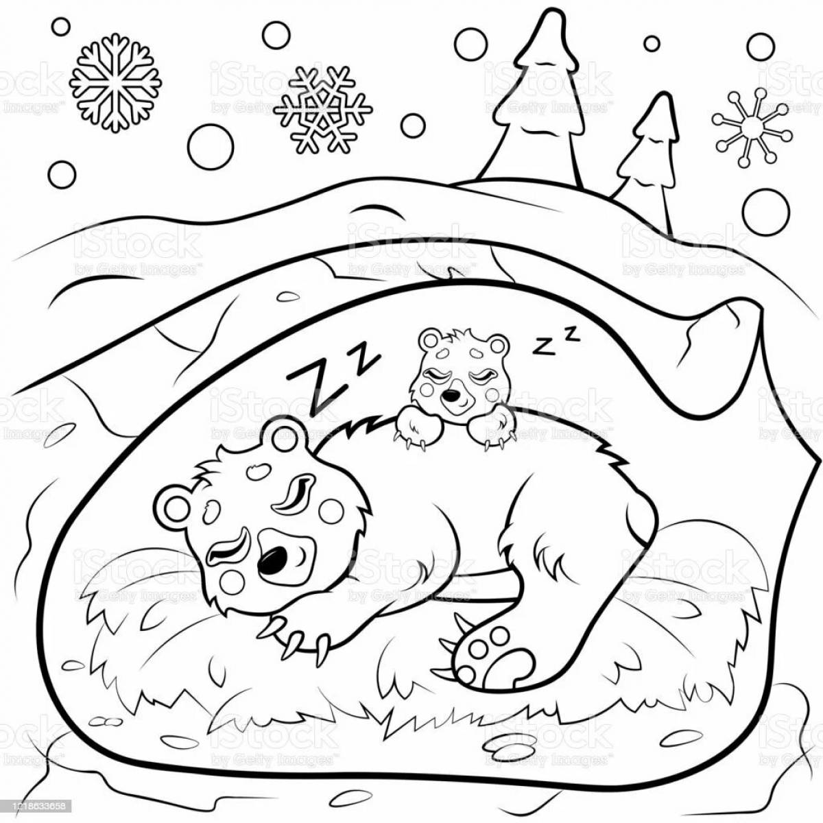 Winter bear coloring bear in a den in winter