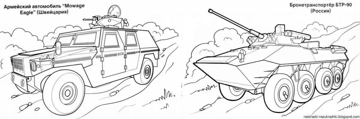 Colourful military vehicles coloring pages for kids