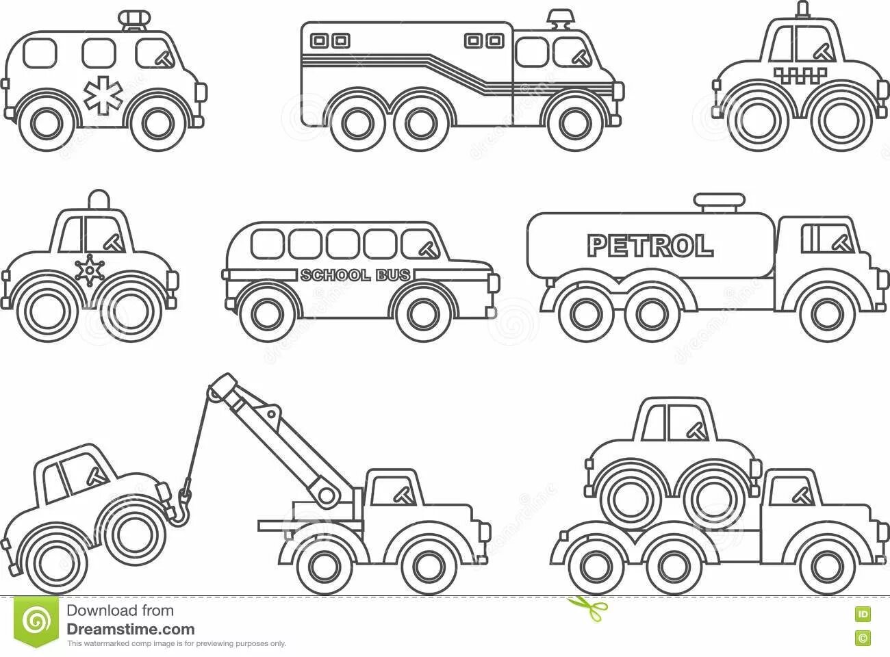 Glitter coloring pages of special vehicles for kids