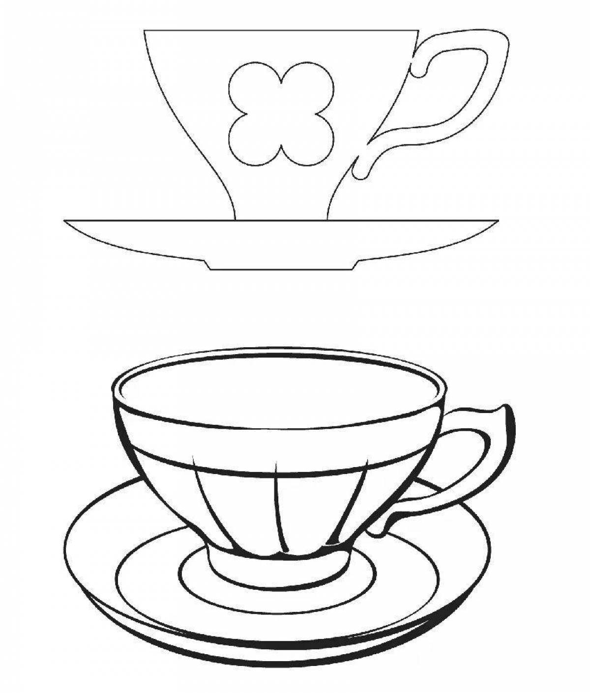 Playful cup and saucer coloring page