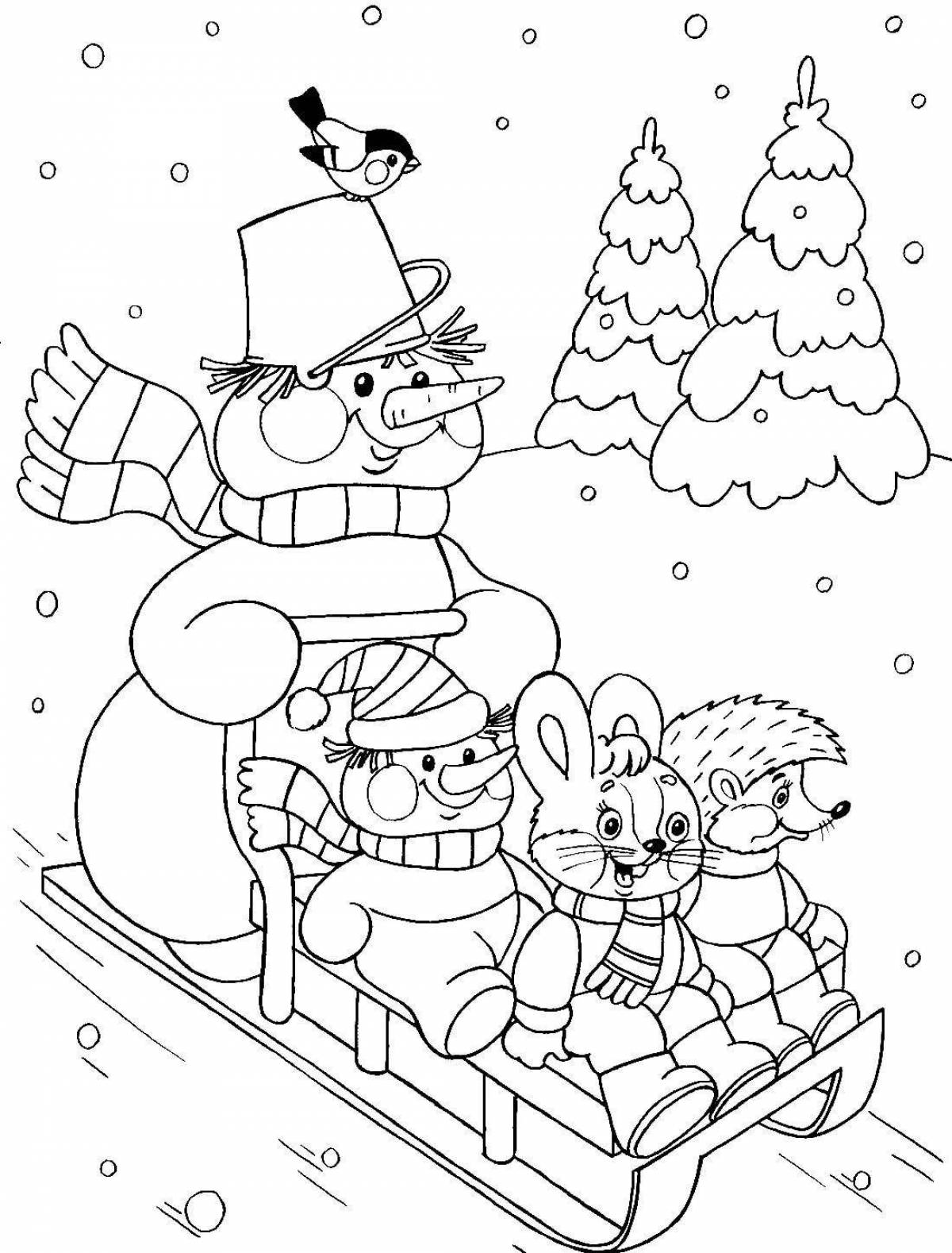 Energetic winter coloring book for children 6-7 years old