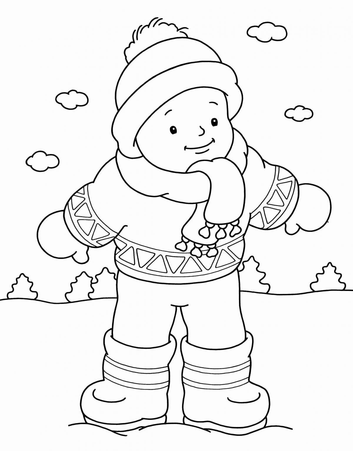 Creative winter clothes coloring page for children 5-6 years old