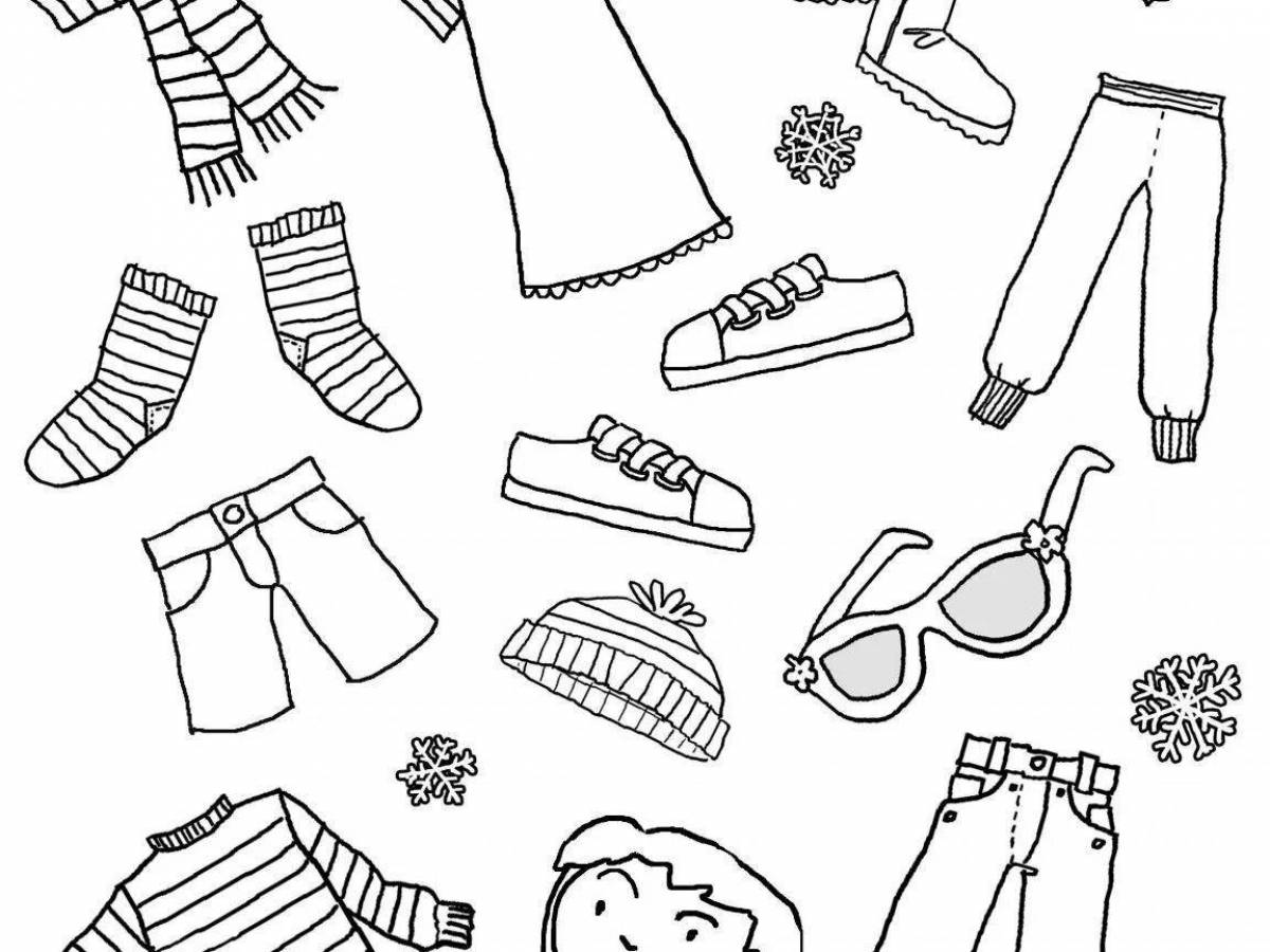 Unique winter clothes coloring page for 5-6 year olds