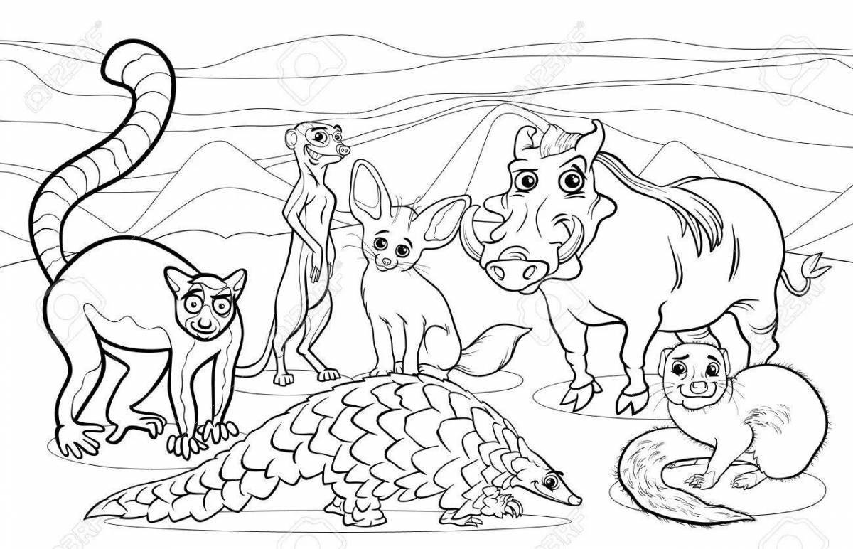 Cute coloring pages animals of hot countries for children 6-7 years old
