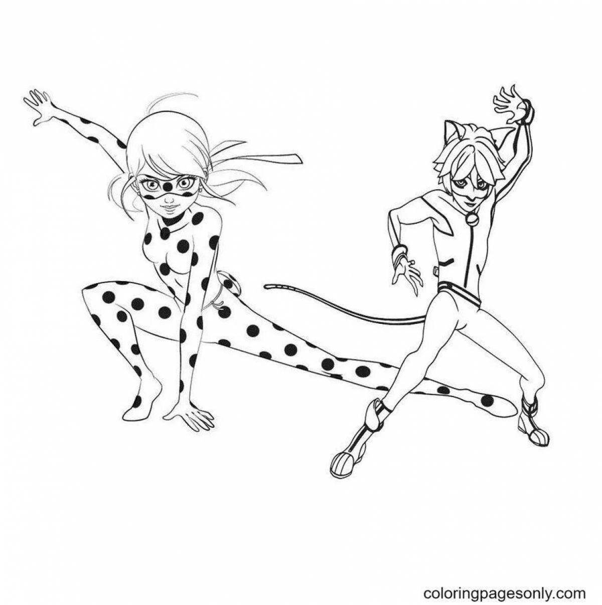 Coloring page charming ladybug and super cat