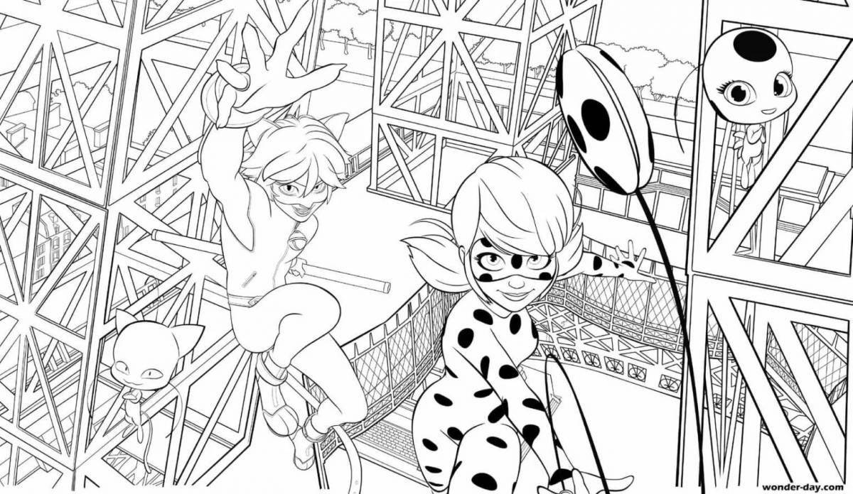 Colourful ladybug and super cat coloring page