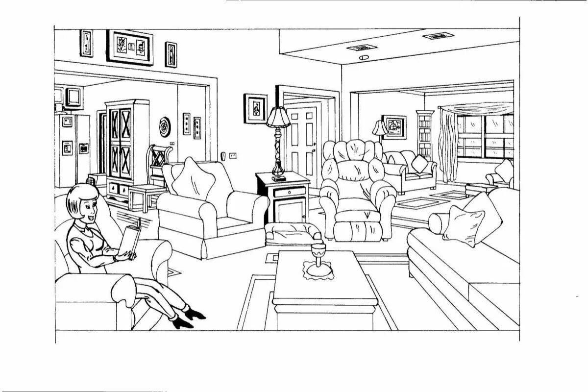 Colorful living room coloring book for kids