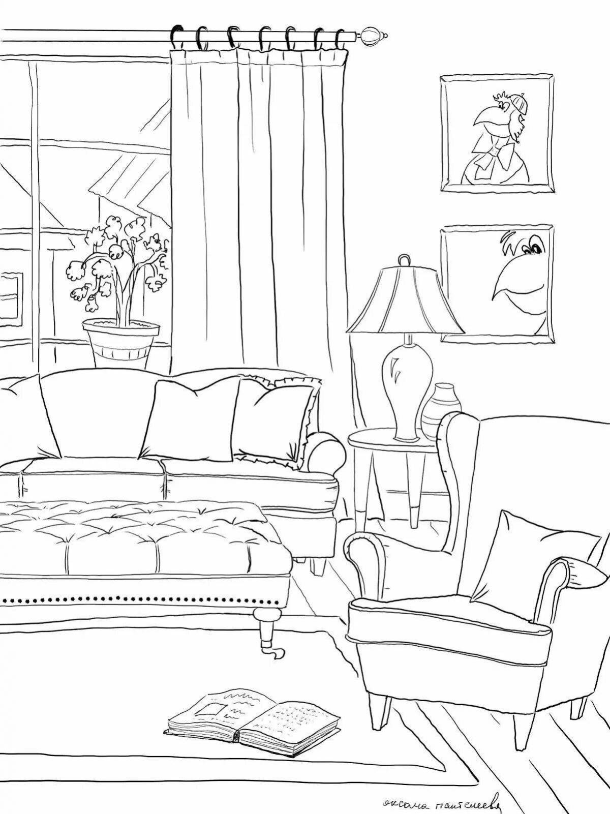 Playful living room coloring book for kids