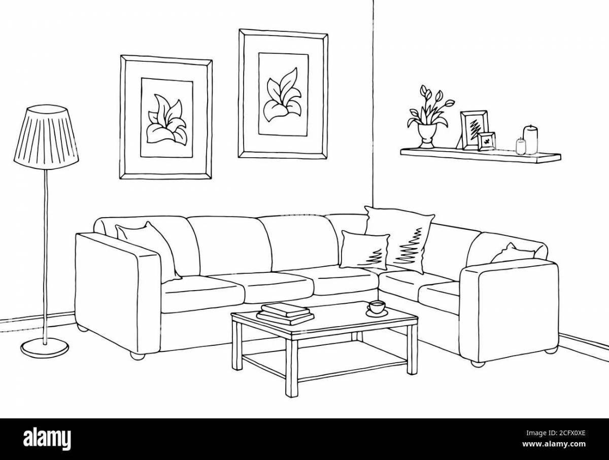 Coloring book magical living room for kids