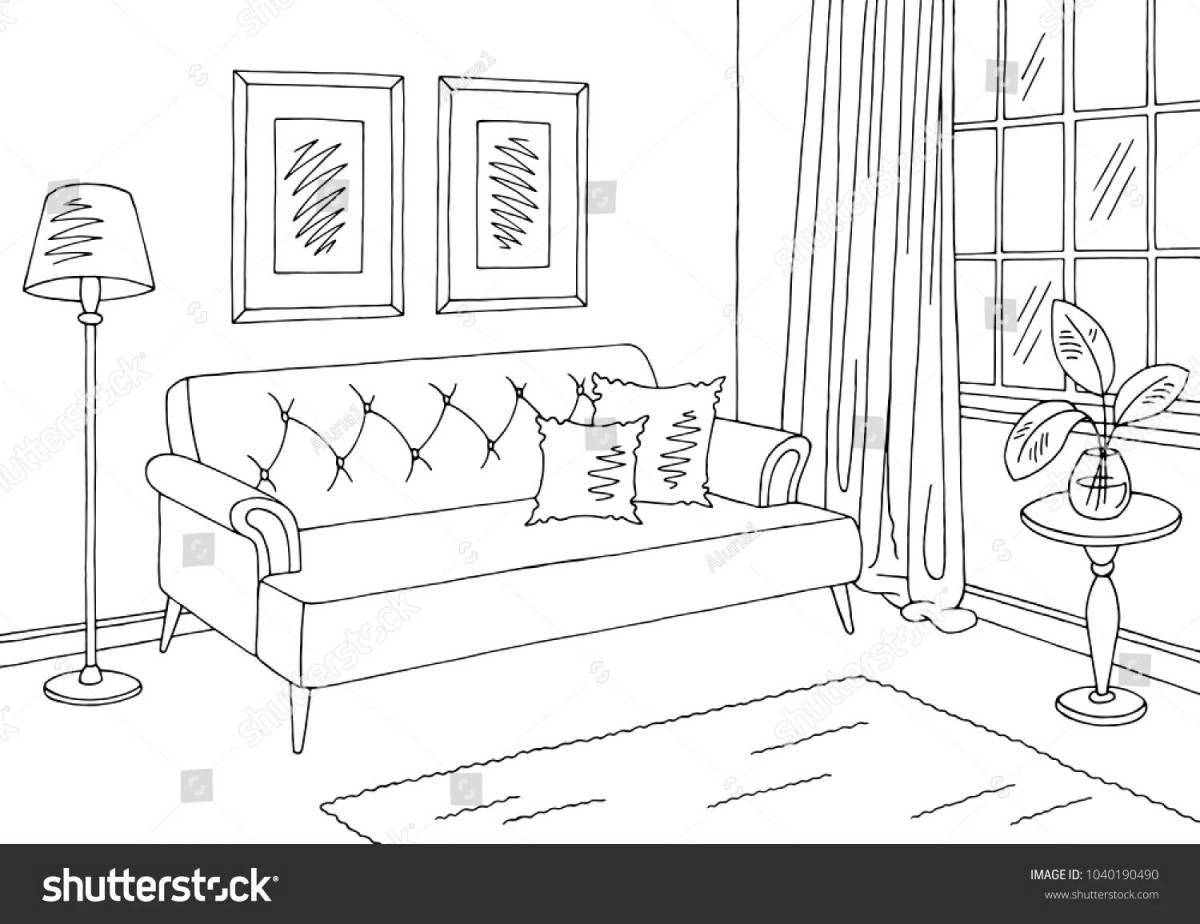 Cozy living room coloring page for kids