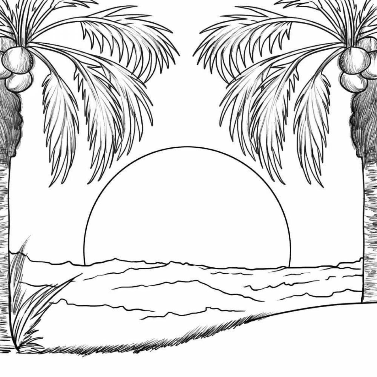 Vibrant sunset coloring page for kids