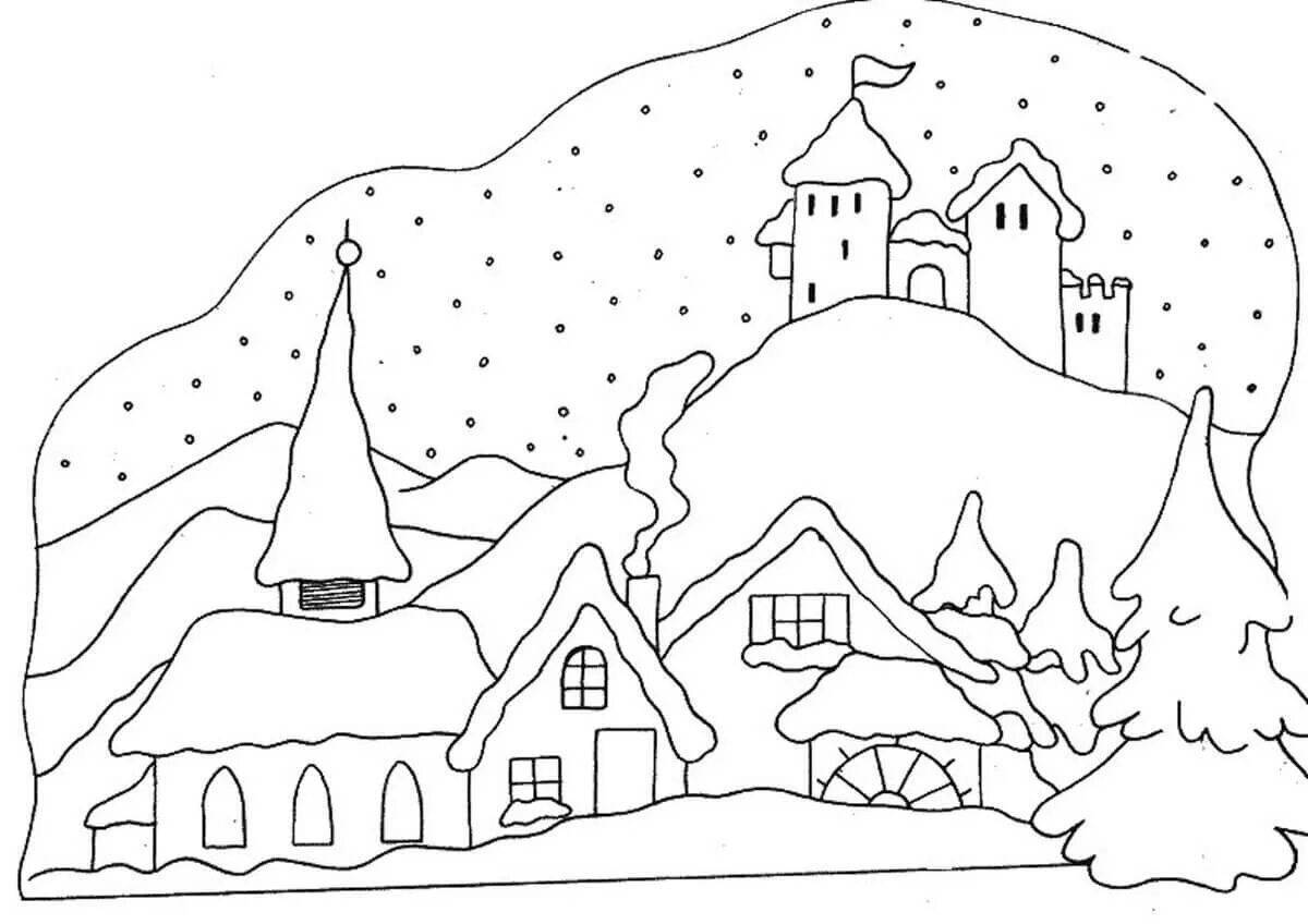 Раскраска очаровательная деревня зимой
