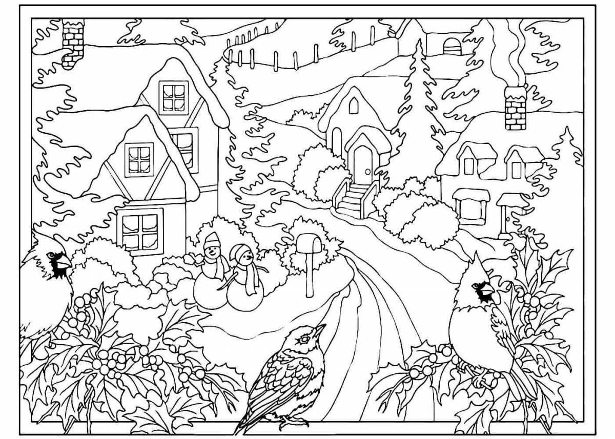 Coloring page shining village in winter