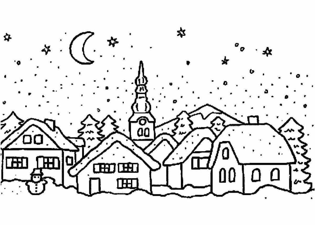 Coloring page glittering village in winter
