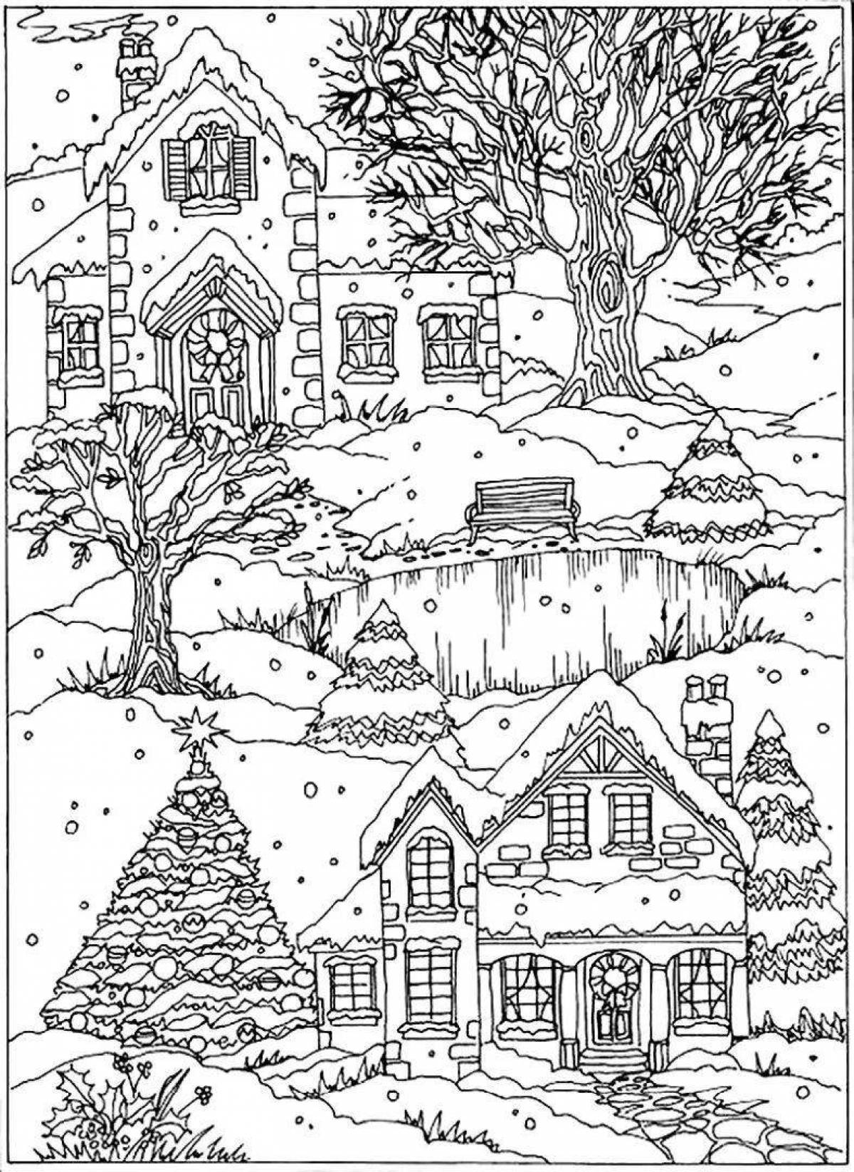 Charming village in winter coloring book
