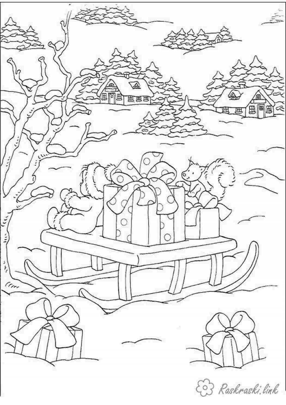 Scenic village in winter coloring book