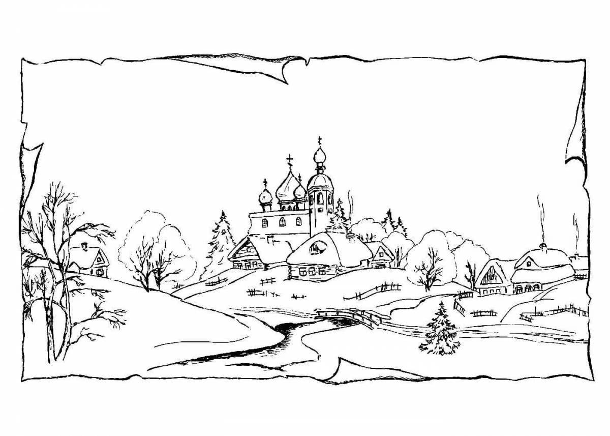 Vibrant village in winter coloring book