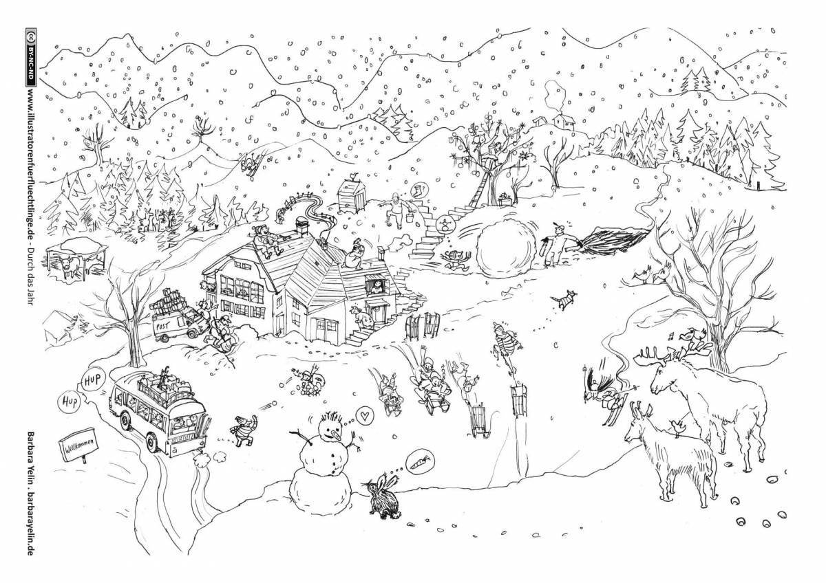 Coloring page playful village in winter
