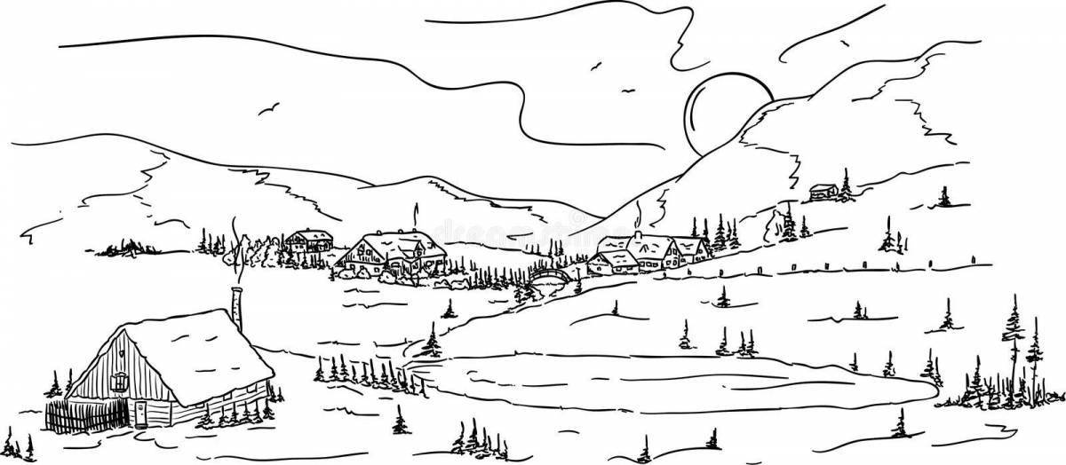 Quaint village in winter coloring book