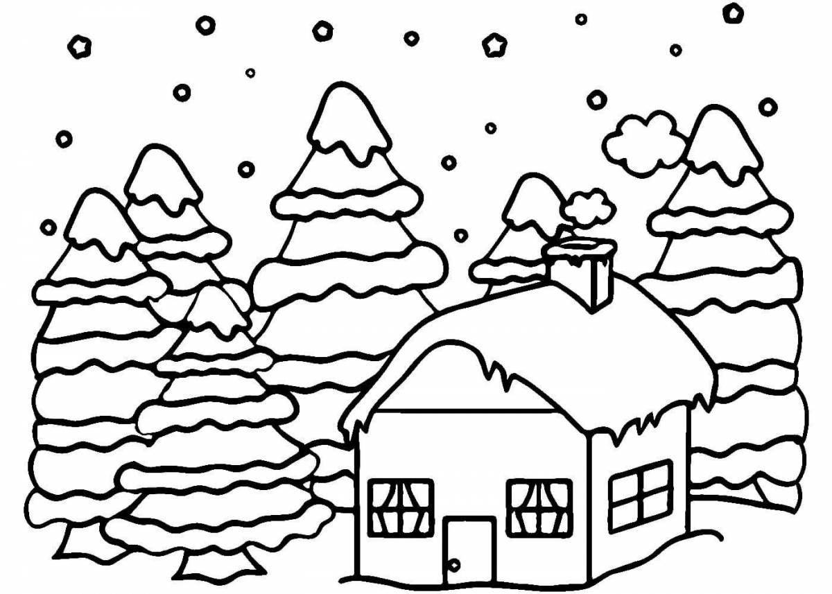 Bright village in winter coloring book