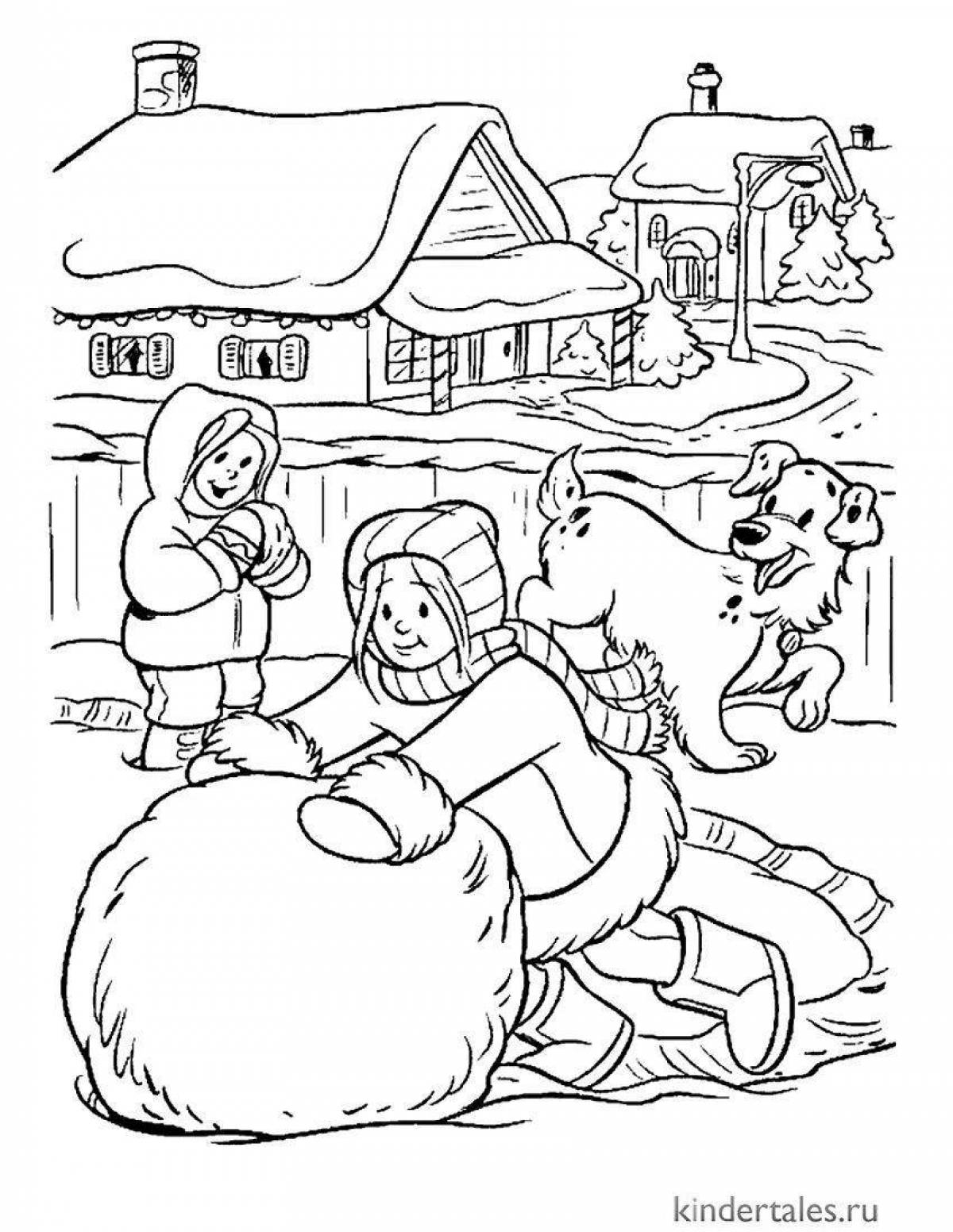 Coloring page mesmerizing village in winter