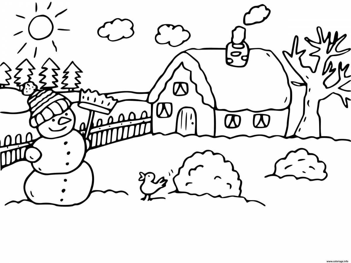 Coloring page exotic village in winter