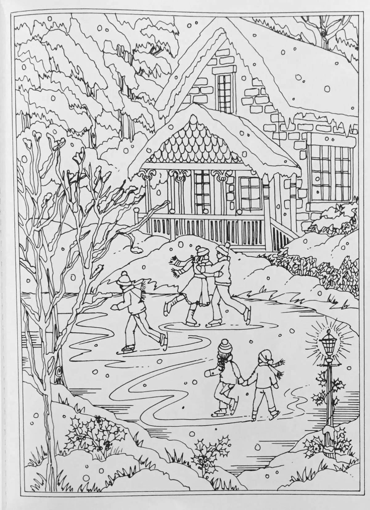 Coloring dreamy village in winter