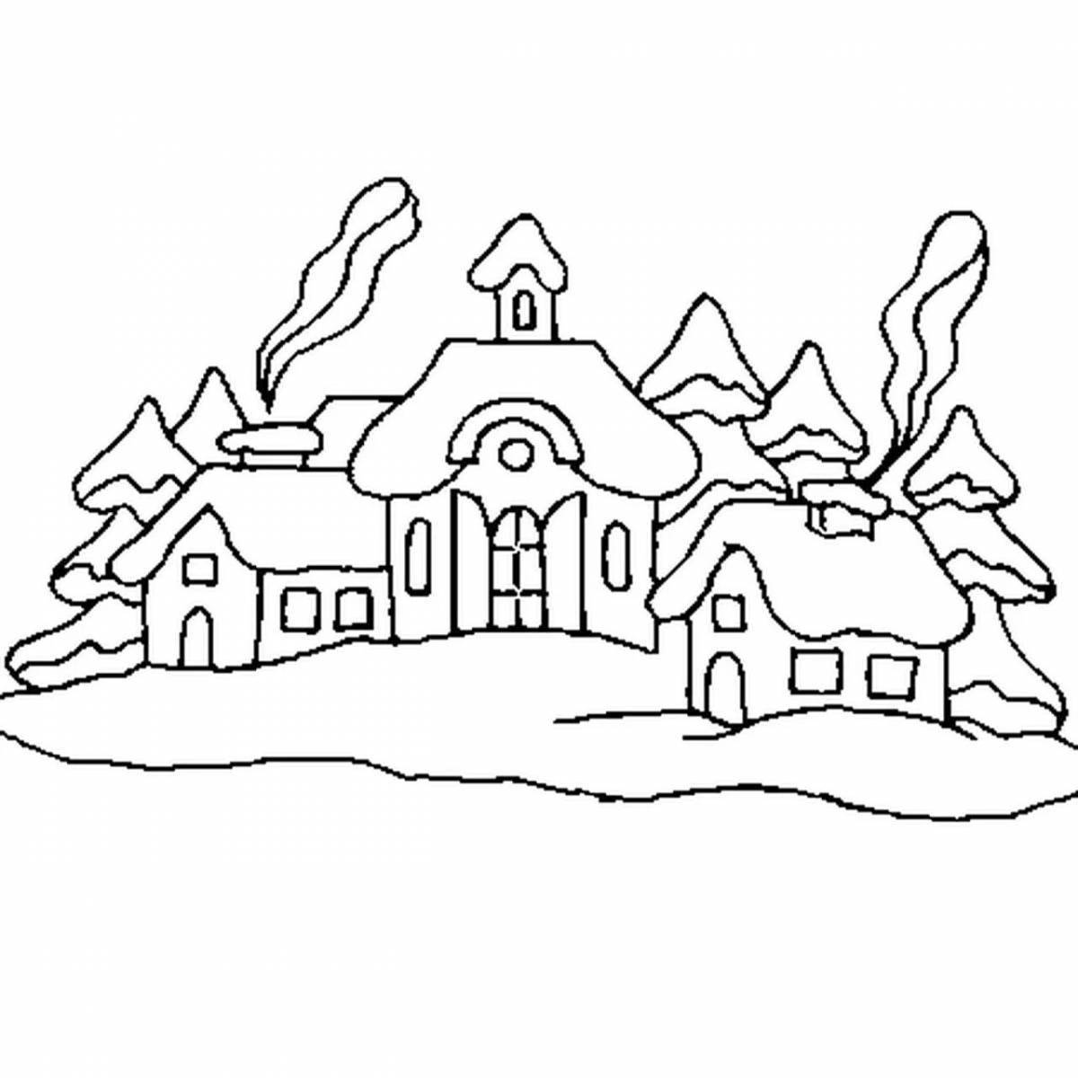 Beautiful village in winter coloring book