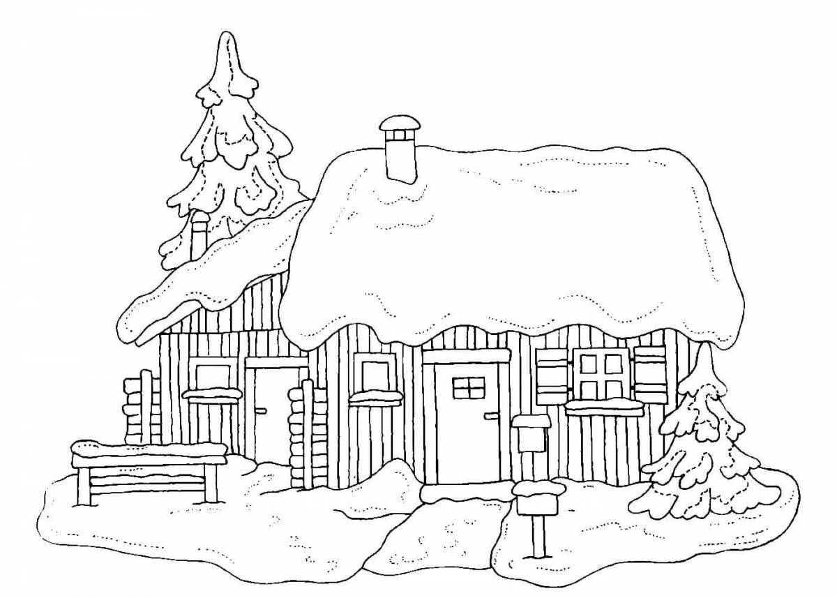 Coloring page amazing village in winter