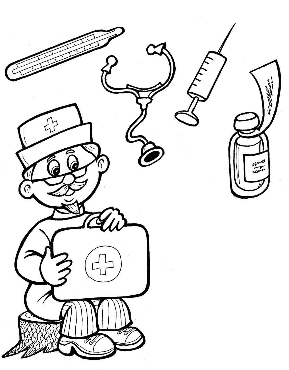 Coloring book cheerful doctor profession