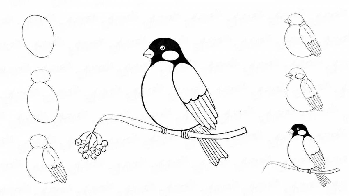 Playful drawing of a bullfinch for children