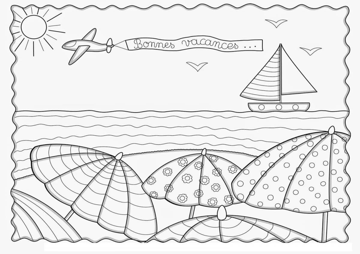 Sunny beach and sea coloring page