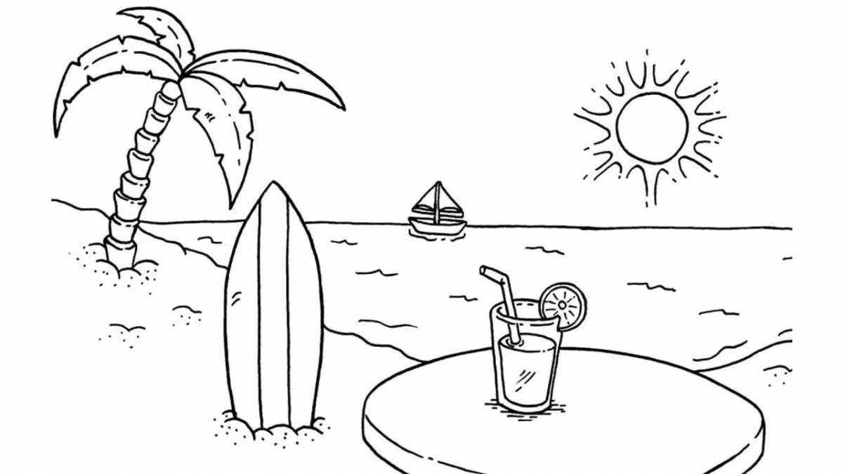 Coloring page cheerful beach and sea