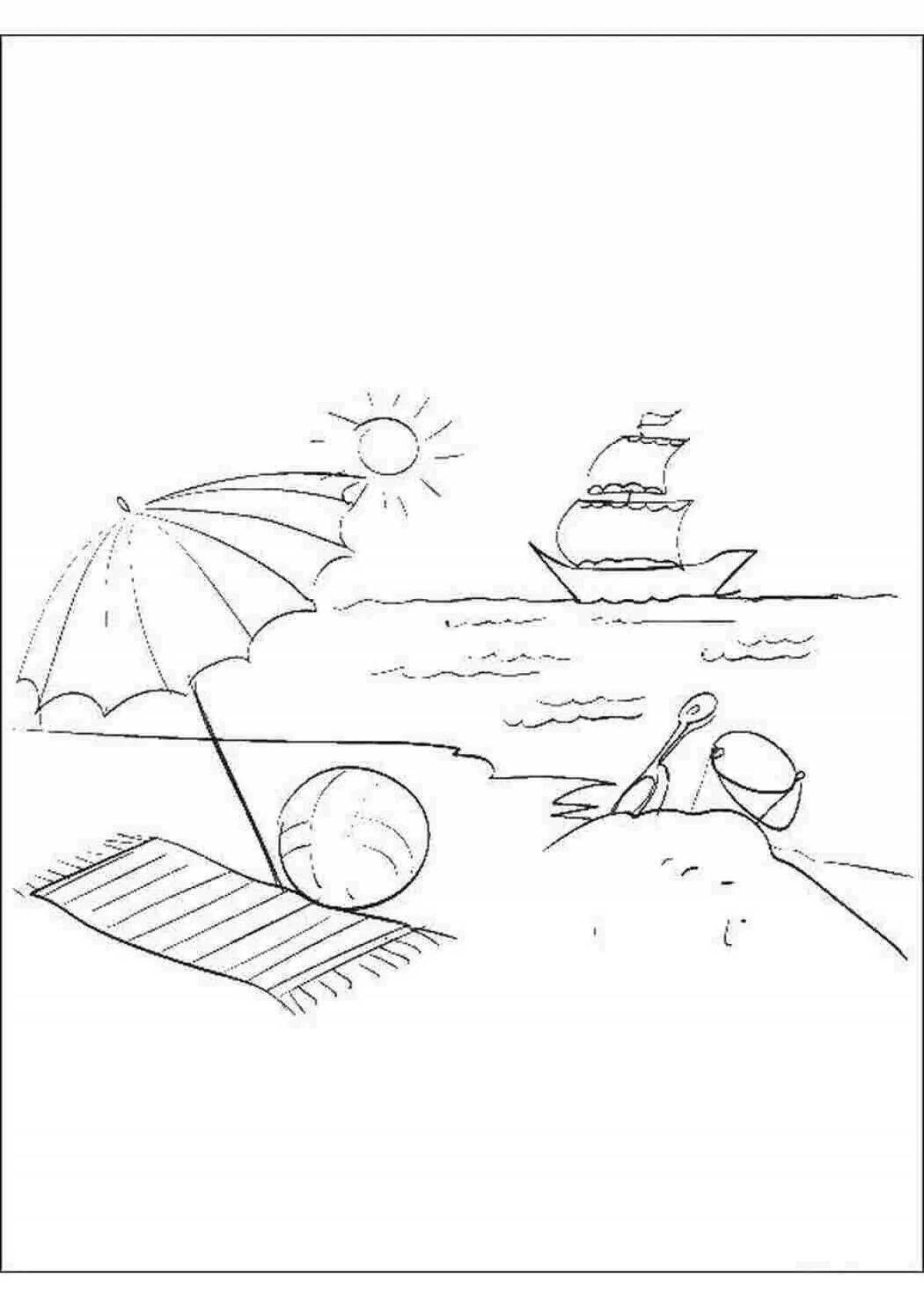 Photo Coloring page joyful beach and sea
