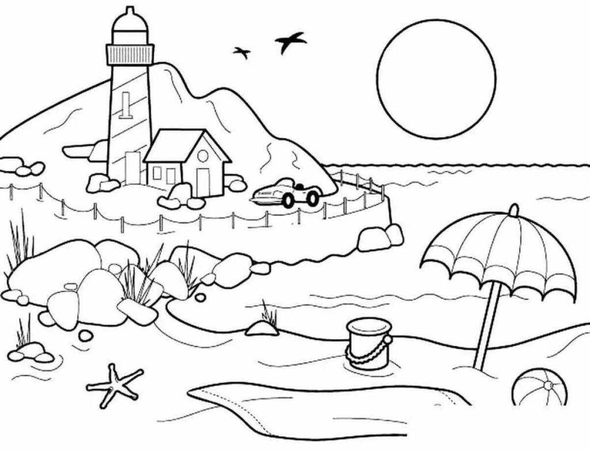 Coloring page lush beach and sea