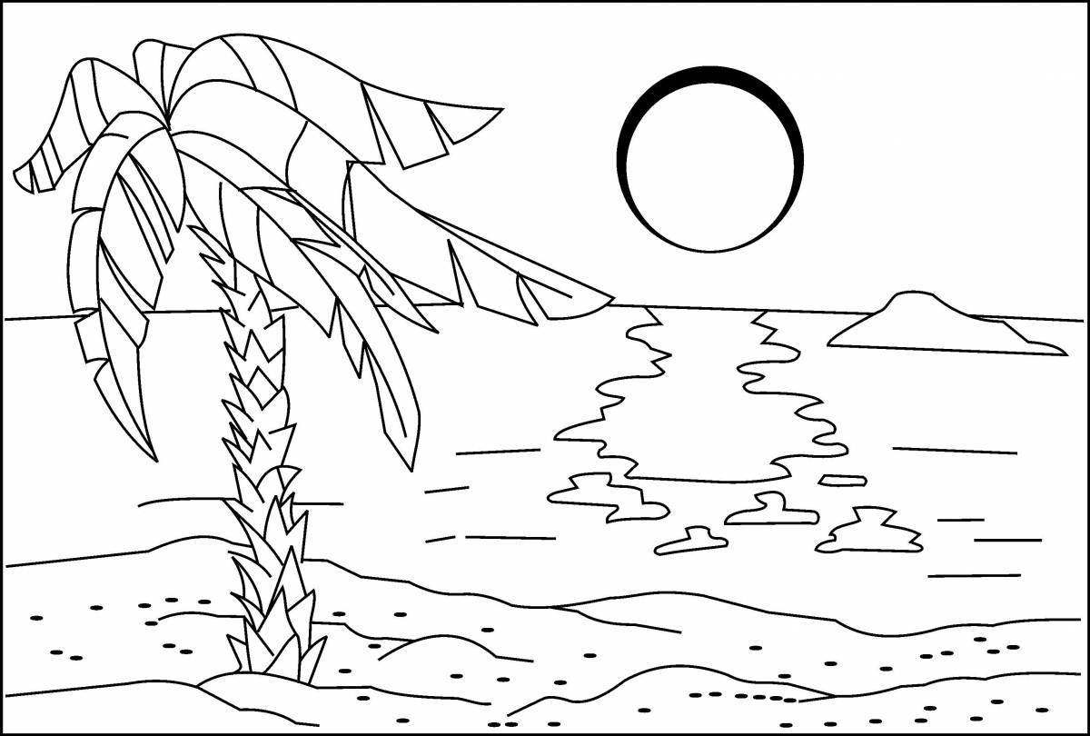 Coloring page charming beach and sea