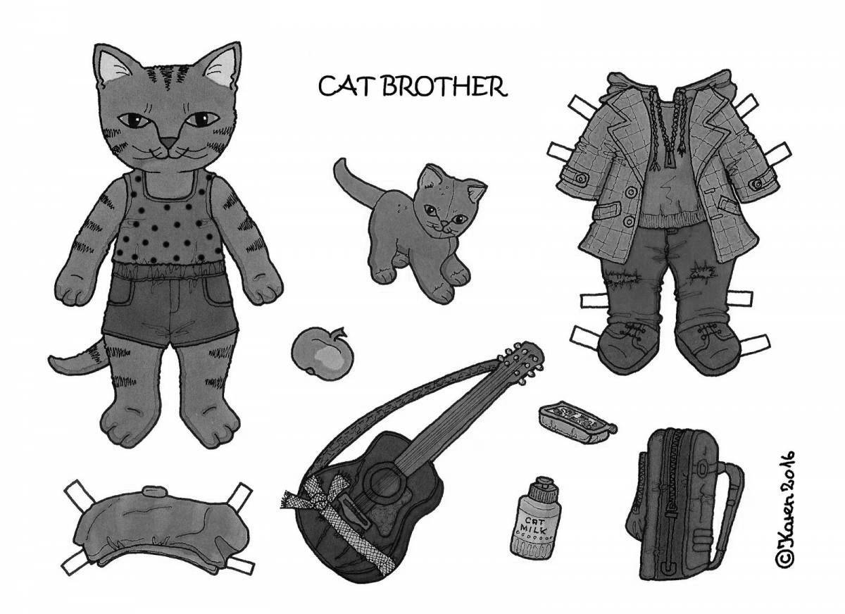 Colorful cat coloring book with clothes to cut out