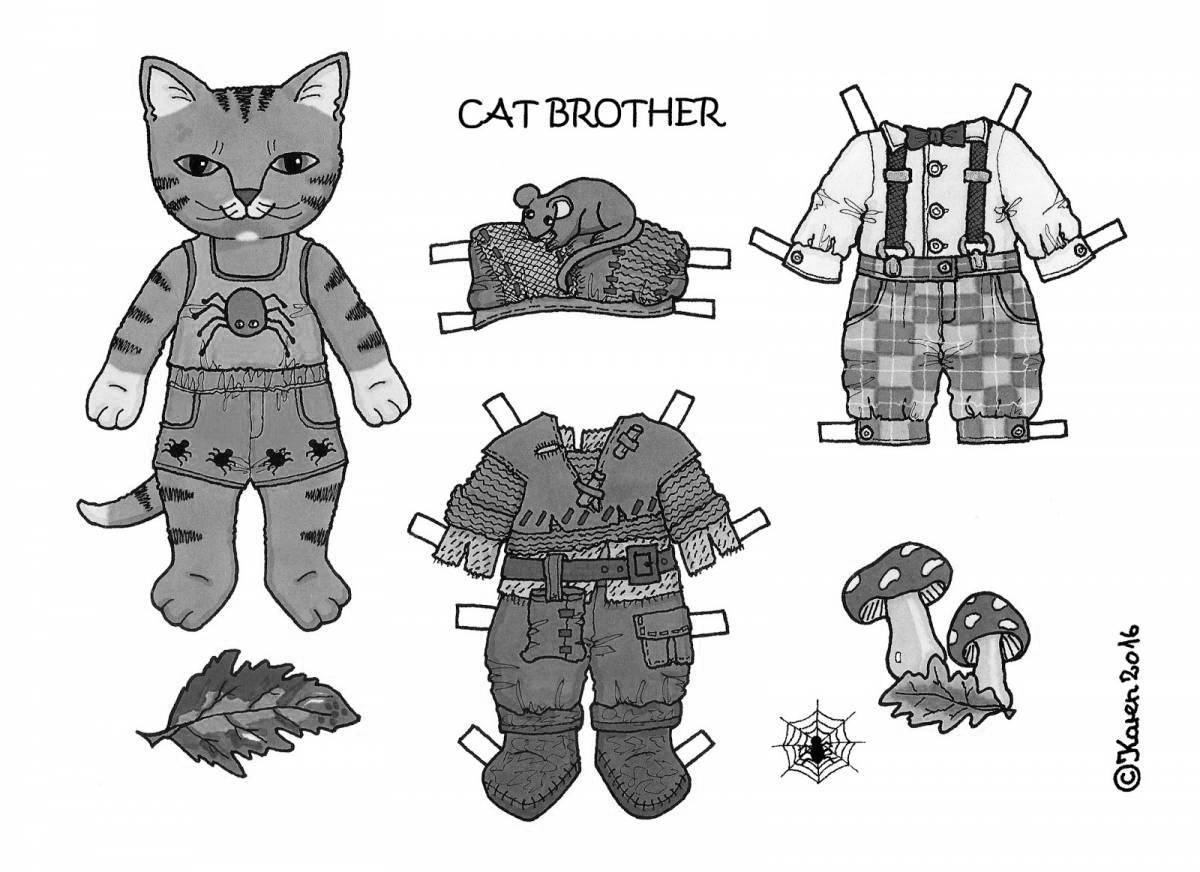 Adorable cat coloring pages with clothes to cut out