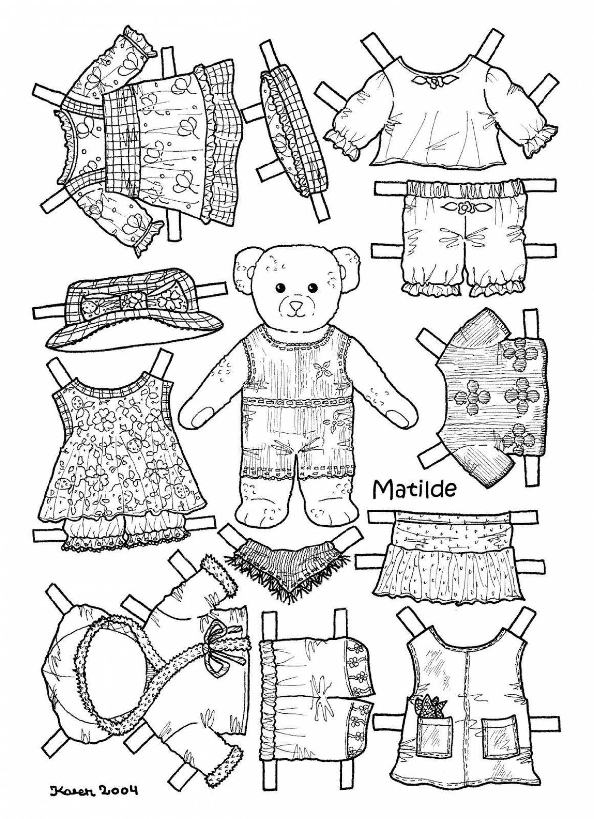 Cute cat coloring pages with clothes to cut out