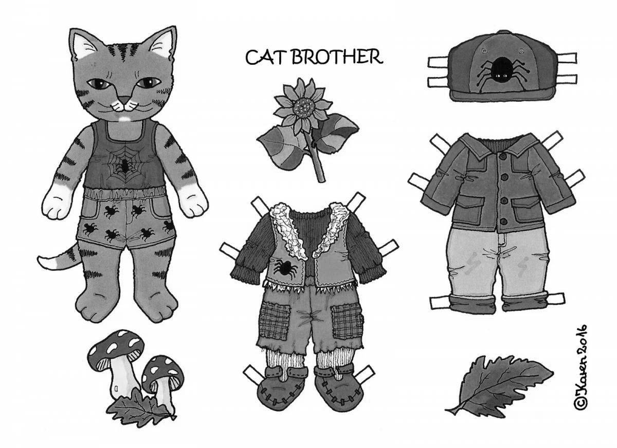 Stylish cat coloring pages with clothes to cut out