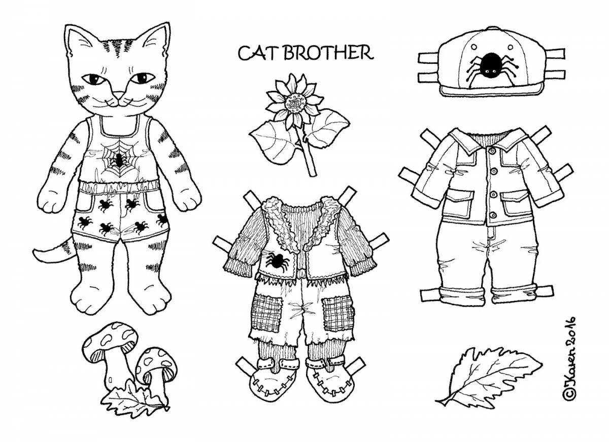 Adorable cat coloring pages with clothes to cut out