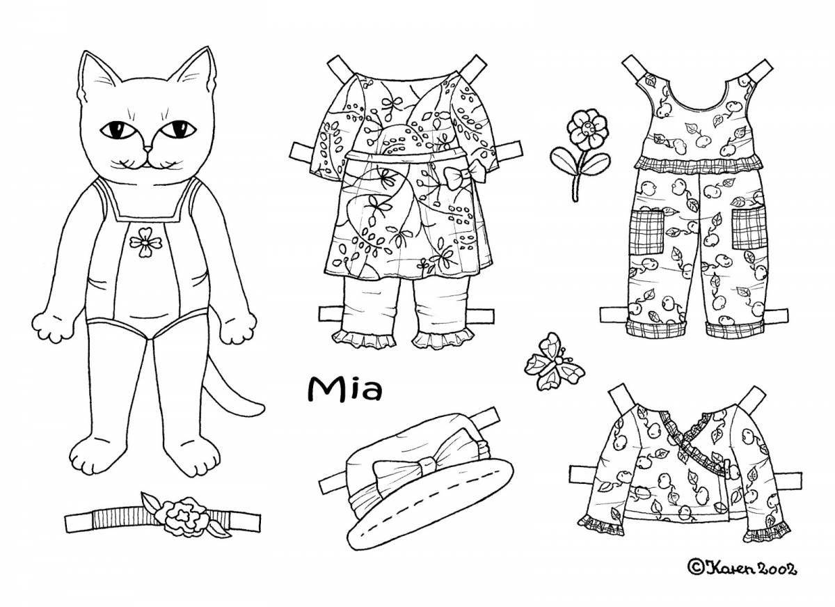 Fancy cat coloring pages with clothes to cut out