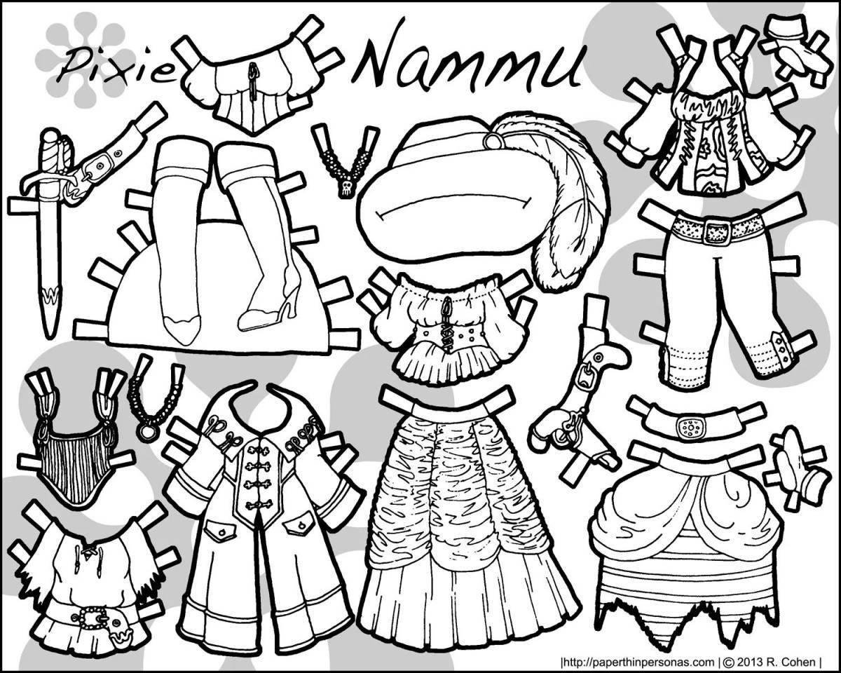Colourful cat coloring pages with clothes to cut out
